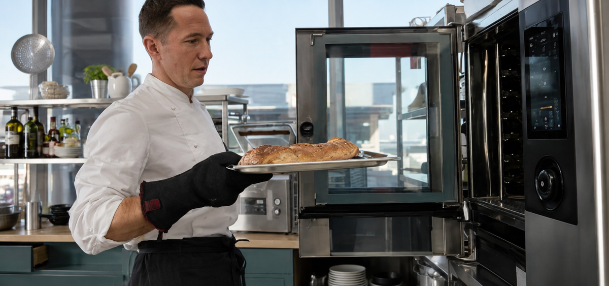Chef using commercial kitchen equipment