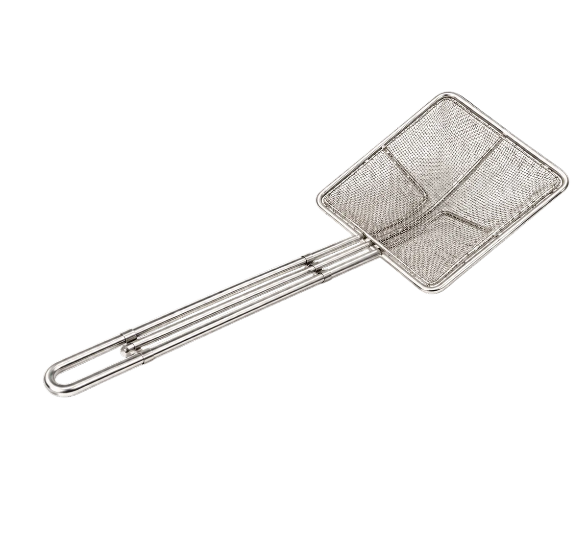 A stainless steel mesh skimmer with a long, curved handle, shown diagonally against a solid black background.